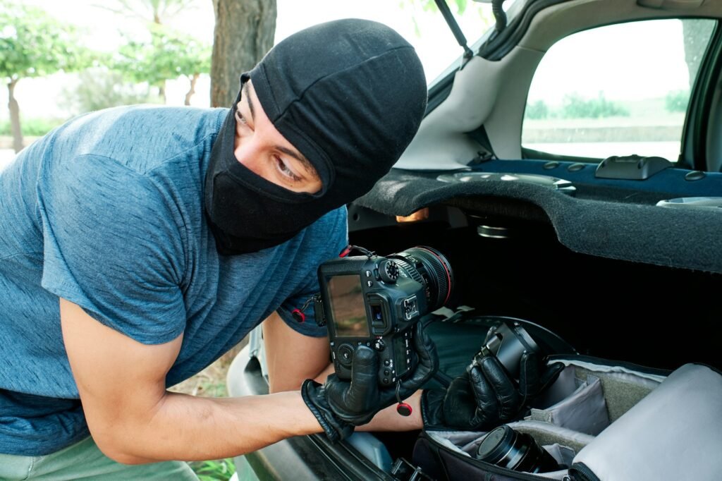 a thief with a mask stealing photography equipment and lenses from car - Insurance and legal concept